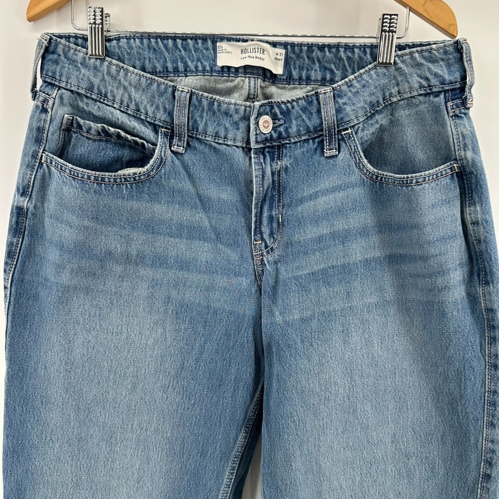 Hollister Baggy Jeans Womens 12S Blue Denim Floral Embroidered Low-Rise Wide-Leg